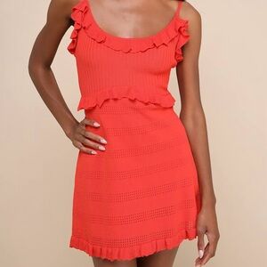 NWT Lulu’s Enviable Pick Red Orange Pointelle Knit Ruffled Mini Dress, size M